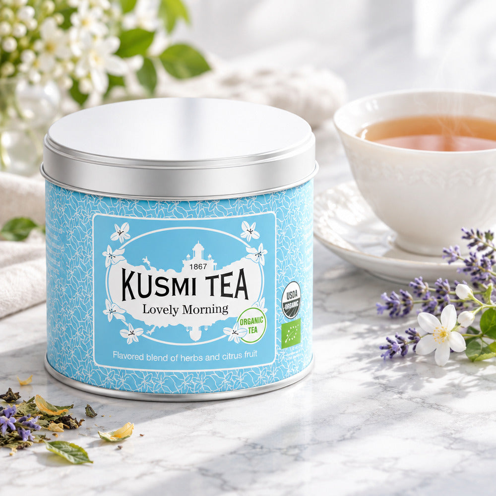 【食品ロス削減・賞味期限（2026年10月）】KUSMI TEA　ラブリーモーニング ハーブティー（缶）【100g】